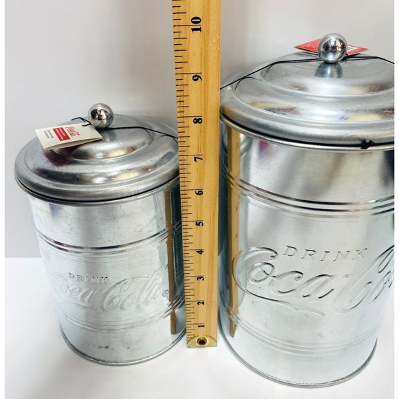 Retro Metal Coca-Cola Logo Tin Steel Canisters Kitchen Storage VTG Style 2pc Set - Picture 10 of 15